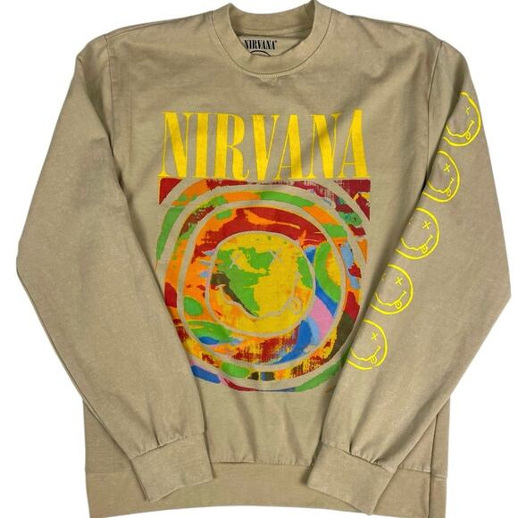 NIRVANA Tops - Unisex Nirvana Crewneck Sweatshirt M Beige - Tie-Dye Smiley - Kurt Cobain